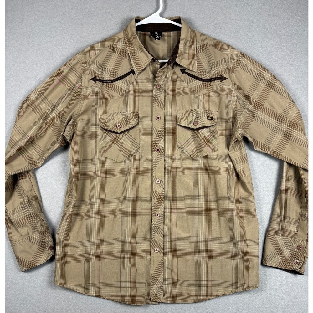 Globe Western Pearl Snap Shirt Plaid Long Sleeve Large Tan Brown